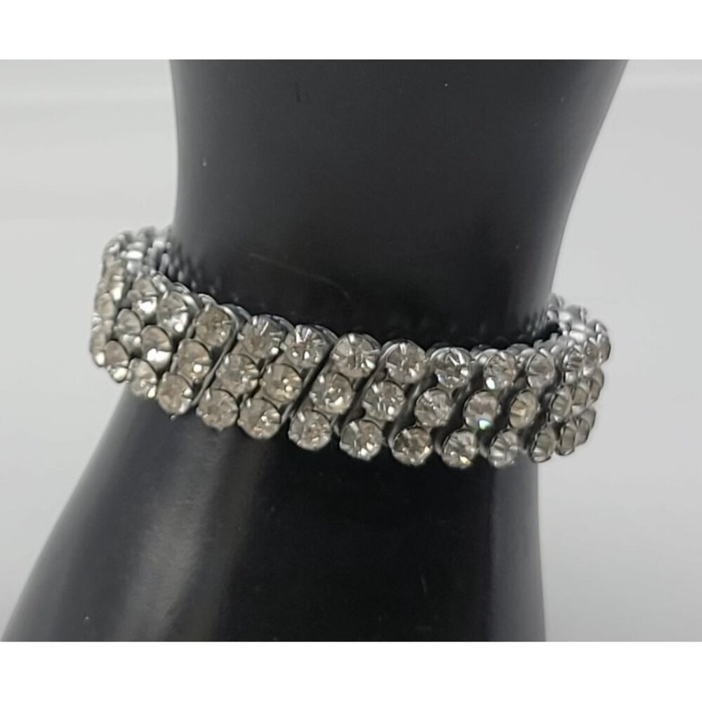 Expandable Diamante Stretch Bracelet Triple Row Rhinestones Vintage Size 6